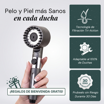 Cabezal de Ducha con Filtración Tri-Action · Elimina cal, cloro y metales pesados del agua